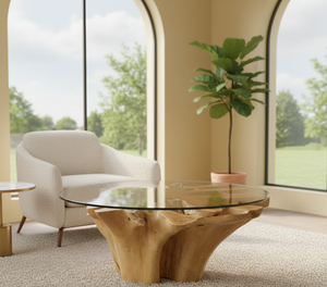 Table à manger moderne en racine de teck, fabriquée à la main, en teck massif naturel, forme organique, plateau en verre trempé, allure intemporelle et luxueuse pour hôtel - Product Image 6