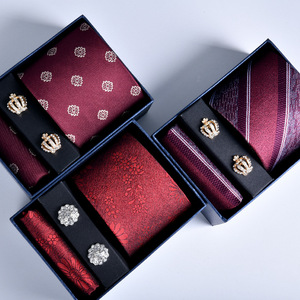 奢华男士商务领带礼品盒套装时尚条纹印花领带口袋方冠袖扣套装 - Product Image 2