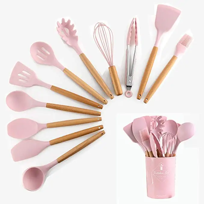 Juego de utensilios de cocina antiadherentes de silicona, herramienta de cocina antiarañazos con mango de madera, Color rosa, 12 piezas