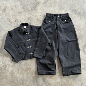 Conjunto de Chaqueta y Pantalones Vaqueros Vintage OEM <span class=keywords><strong>para</strong></span> <span class=keywords><strong>Hombre</strong></span>, Estilo <span class=keywords><strong>Bombero</strong></span>, Oversize, Ropa de Trabajo de Carpintero, con Botones - Product Image 1