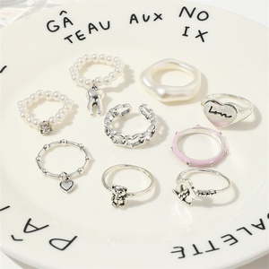 Ensemble de bagues élastiques créatives <span class=keywords><strong>en</strong></span> perles pour femmes, motifs mignons cœur, fleur, ours, géométriques, bijoux cadeaux - Product Image 5