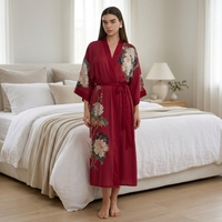 Robe Kimono Florale Décontractée et Élégante en Satin de Polyester pour Femme, Manches Longues, Longueur Cheville, Col en V, Ceinture à Nouer, Vêtement de Nuit de Luxe