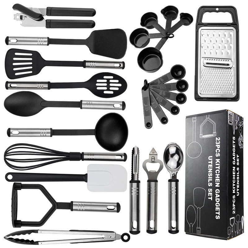25 pcs black silicone stainless steel cooking tool nylon kitchen utensils set with color box