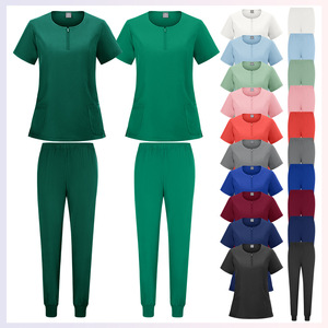 Women's Scrub Set Short Sleeve Round Neck Zipper Top With Pockets Moisture Wicking For Salon Hospital Uniforms - Product Image 4