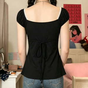 Blusa Casual de Verano para Mujer, Estilo Babydoll, Color Block Blanco y Negro, Ecológica, Holgada, con Botones, Cuello Redondo, Estilo Informal para el Trabajo - Product Image 4