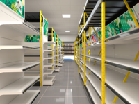 Étagère de supermarché double face robuste en bois et métal sur mesure, présentoir de magasin 3D autoportant pour l'aménagement commercial