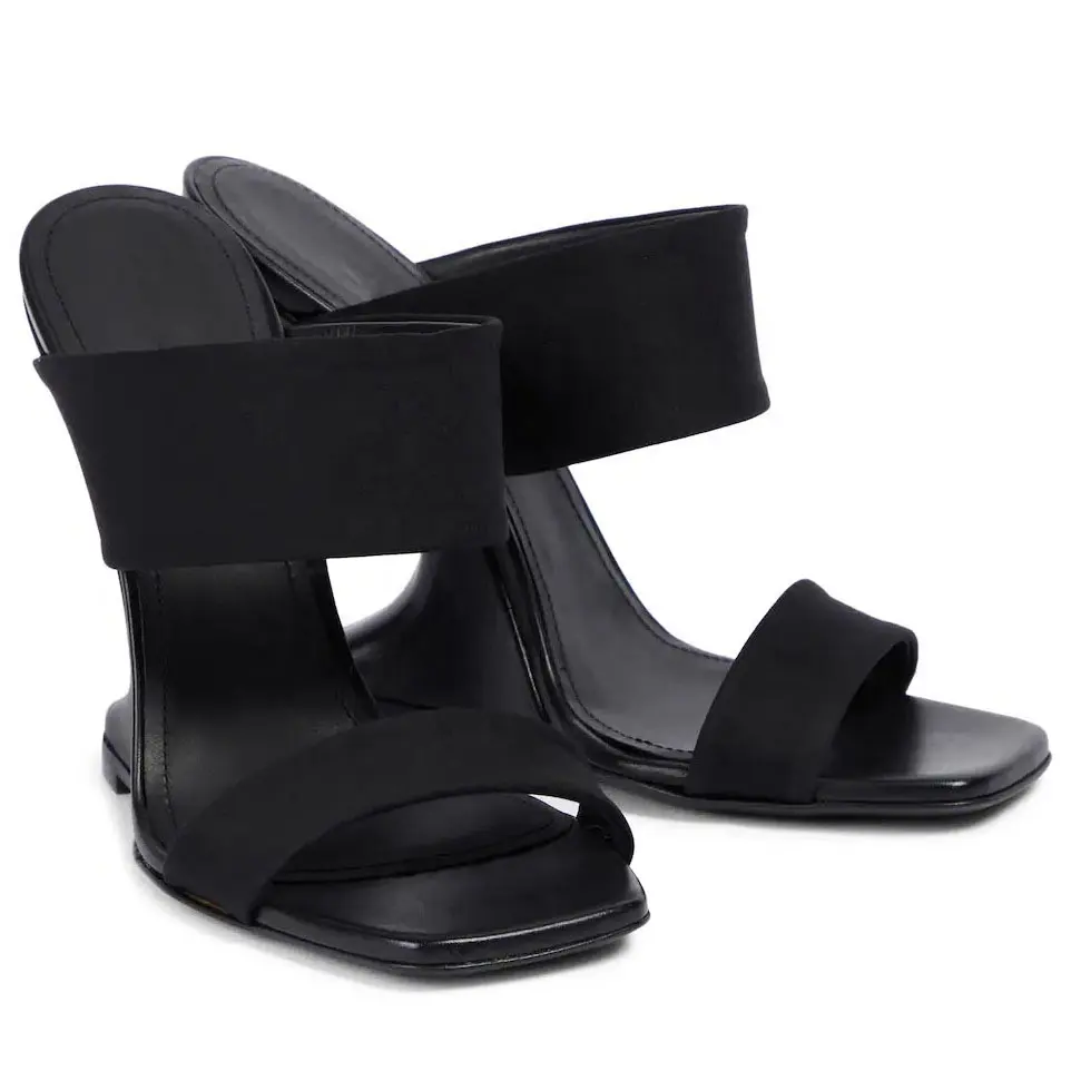Anmairon 2023 Summer Collection Party Shoes Black Satin Square Toe Wedge Heel Dress Shoes High Heel Mules
