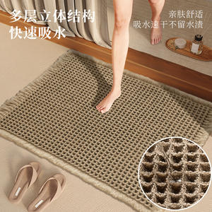 Alfombra de baño geométrica nórdica, rectangular, de fibra de poliéster, absorbente, antideslizante, para baño, inodoro, entrada, con borlas y diseño de gofres - Product Image 1