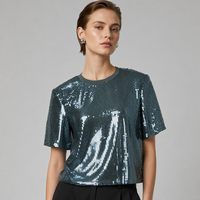 T-shirt court sexy pour femme, à sequins scintillants, col rond côtelé, respirant, anti-plis, manches courtes, idéal pour l'été et les soirées en club