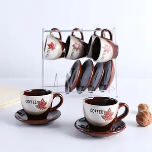 6件茶杯茶托陶瓷茶具，带铁框陶瓷杯，带手柄