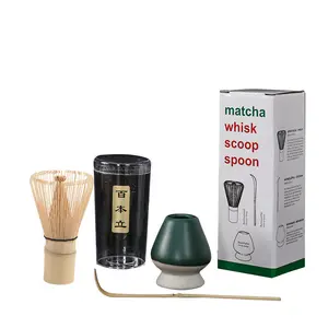 Kocokan Chasen sendok kashaku tradisional buatan tangan Kit pemula organik bubuk hijau ke dalam upacara teh Matcha kocokan bambu Set