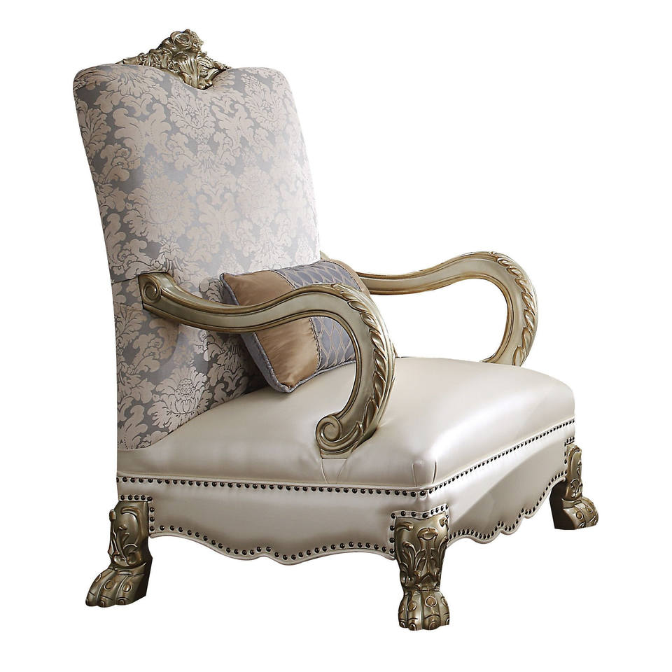 HMS 34\" Pearl and Gold Floral Arm Chair and Toss Pillow Luxury Faux Leather Living Room Furniture