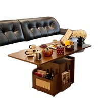 Table basse roulante multifonctionnelle en bois avec plateau relevable et compartiment de rangement tressé – Mobilier de salon contemporain réglable