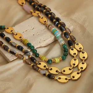 Colar de joias coloridas de pedra de ágata com nariz de porco XIXI em aço inoxidável para mulheres atacado banhado a ouro 18K personalizado moda