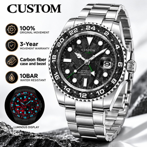 Reloj de Pulsera Deportivo para Hombre, Automático, <span class=keywords><strong>GMT</strong></span>, Personalizado, con Esfera y Bisel de Fibra de Carbono, Movimiento Mecánico de Acero Inoxidable, Resistente al Agua - Product Image 1