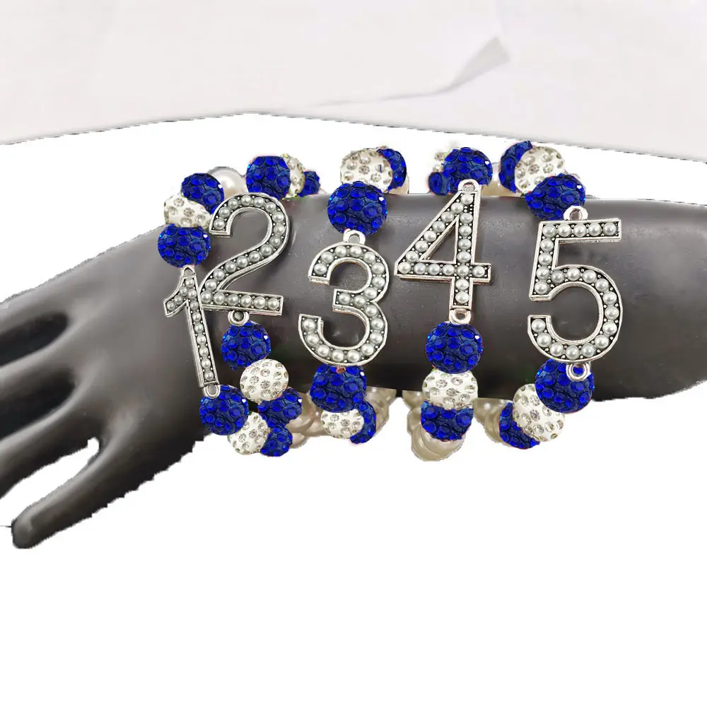 Zeta Phi Beta Finer perhiasan wanita gelang manik bola disko biru putih Wanita Gelang Nomor garis mutiara