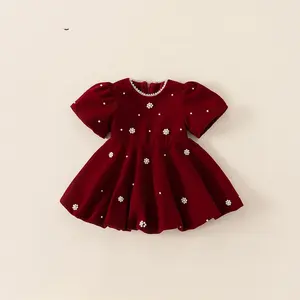 Autumn winter Girl dresses Velvet pearl puff sleeve party princess red toddler girls christmas dress for children