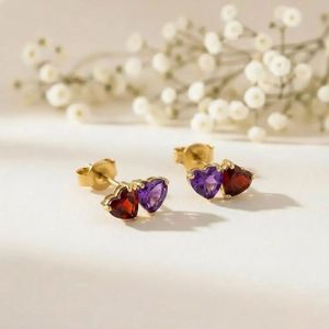 Natural <b>Garnet</b> Amethyst <b>Earrings</b> Heart Shape Red Purple Gemstone Studs <b>Earrings</b> Minimalist Gold Silver Jewelry Gift for Her - Product Image 3