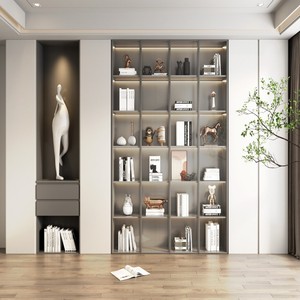 Librería Moderna Personalizada Balom, Librería Minimalista Integrada <span class=keywords><strong>con</strong></span> Estante <span class=keywords><strong>con</strong></span> Pantalla <span class=keywords><strong>LED</strong></span> y Paneles Gris Mate y Blanco - Product Image 1