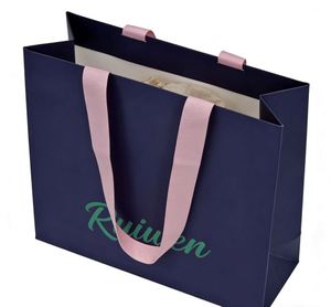 Custom OEM Free Design Handmade Pink Ribbon Handle Coated Dark Blue Kraft Packaging Paper <b>Bag</b> <b>for</b> Gift Packaging - Product Image 5