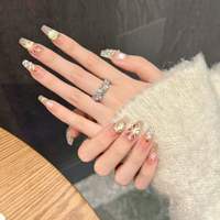 Ongles courts exquis de Noël, motif nœud mignon, ciel étoilé rose, strass, cristal empilé, effet œil de chat, transparents, forme carrée/en C/en tube, 5,0 cm