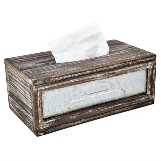 ZHONGHUAN, caja de pañuelos Rectangular, cubierta de madera rústica, soporte para pañuelos faciales, caja de servilletas de pañuelos de madera desgastada