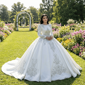 Vestido de Novia Musulmán Lscm74 Personalizado de Satén con Mangas Largas, Espalda Descubierta, Apliques, Escote Corazón y Cola Capilla - Product Image 1