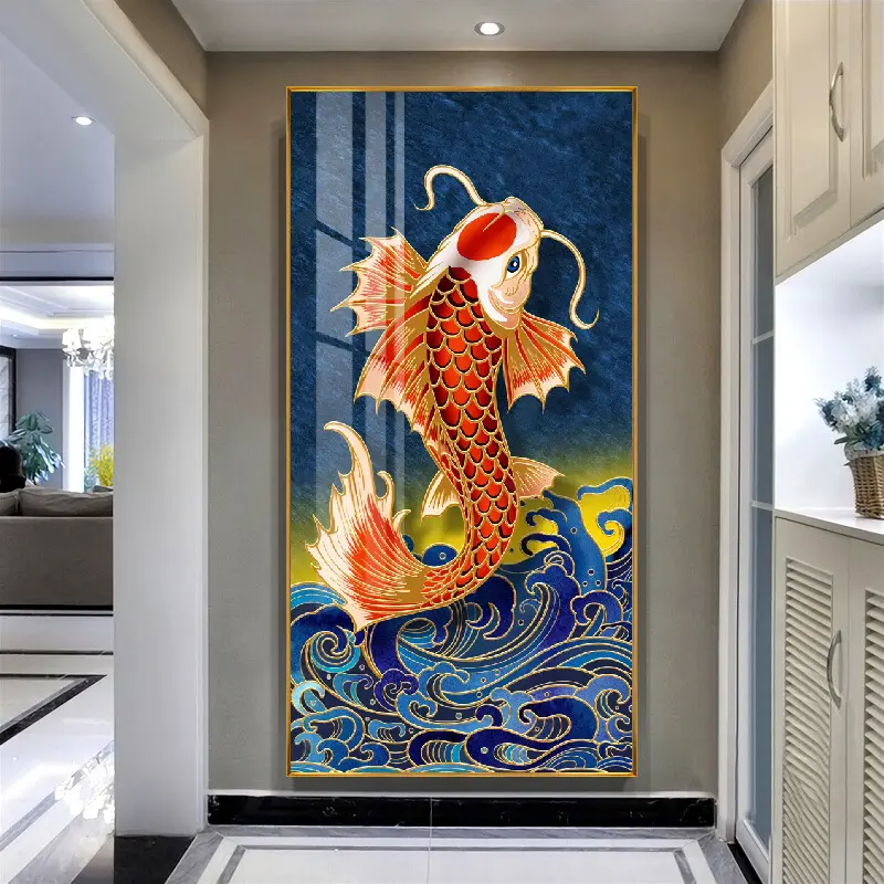 毎年あなたは新しい中国の鯉の魚の装飾絵画廊下垂直壁画ライトクリスタル磁器絵画を持っています