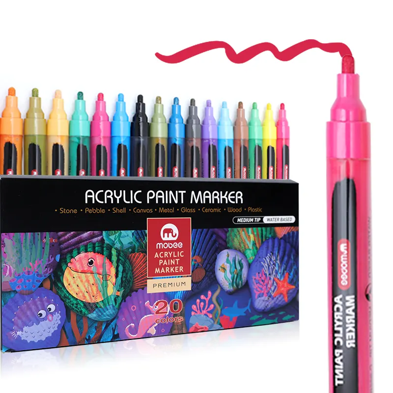 MOBEE P-966B-20 brillante 20 colori a base d'acqua e altamente pigmentato inchiostro acrilico vernice penna all'ingrosso vernice acrilica pennarello