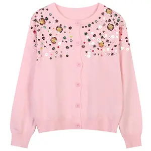 2021 Wholesale Autumn New Women's Round Neck Long Sleeve Sweater Woman's Sequined Flower Embroidered Slim Fit Knitted Cardigan