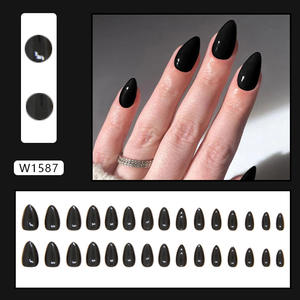 30 Uds Simple Soild Black Art Nail con pegamento dedo almendra Prensa en uñas postizas usable cabeza redonda ovalada cubierta completa puntas de uñas - Product Image 2
