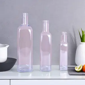 Botella cuadrada de aceite de oliva de plástico PET de grado alimenticio personalizada de 250/500/750/1000ml, botella de vinagre vacía transparente