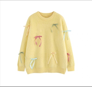 <strong>Yellow</strong> Acrylic Polyester Nylon Crocheted Casual <strong>Women's</strong> Long-sleeved Spring Fashion <strong>Jumper</strong> with Bows Quick Dry Warm - Product Image 3