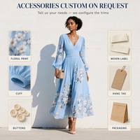 Robe trapèze à col en V et manches longues, imprimé floral, taille haute, jupe plissée, poignets bouffants, en tissu tissé, sur mesure, OEM ODM