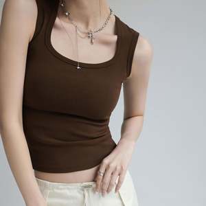 Débardeur à col en U pour femme, débardeur d'été sans manches, camisole basique, coupe ajustée, tricot côtelé, coton uni, chemise courte - Product Image 3