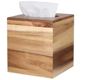 Handmade Tissue Box of Acacia Wood 5.8 x 6.2 - Beautiful Real Wood Square Cube Cover in Rich Brown