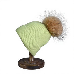 Bonnet unisexe en acrylique lavande avec pompon marron, tricoté à la main, couleur unie, chapeau d'hiver pour adultes 56-58CM, style décontracté - Product Image 2