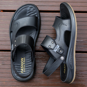 Sandalias planas de cuero suave para hombre, suela gruesa, antideslizantes, zapatos de playa, color marrón, negro, para jóvenes de 18 a 40 años - Product Image 2