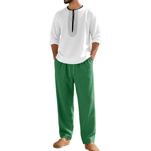 Ensemble décontracté en lin pour homme : chemise Henley à manches longues et pantalon ample bleu clair pour le quotidien, style plage estival - Product Image 5
