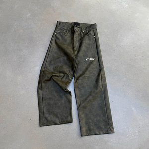 Custom Streetwear Blank High Quality Oversized Heavyweight Green <b>Leather</b> <b>Pants</b> Fashion Design Green Pu <b>Leather</b> <b>Pants</b> For <b>Men</b> - Product Image 1