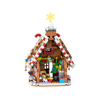Funbuild Maison de pain d'épices d'hiver avec toit en canne à sucre et finition en flocon de neige doré, modèle de blocs de construction