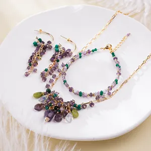 Hawaiian Elegant Natural Stone Jewelry Purple Charm Choker Hanging Earrings Sets For Women Jewelry