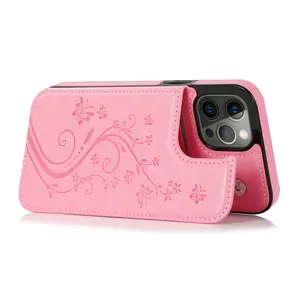 For iPhone 14 15 pro classic Butterfly Flower embossed double buckle card phone case for Samsung S22 business holster.