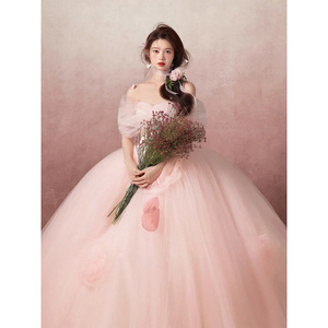 Pink Dreamy Tulle Ball Gown Wedding Dress Sweetheart Neckline Empire Waistline For Photography Studios - Product Image 1
