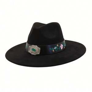 New Arrival National Style Suede Fedora Hat Flat Wide Brim with Embroidery <b>Patch</b> Design Casual Fashion Colorful Suede Jazz Hat - Product Image 2