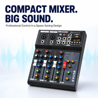 E4USB Mini-mixeur audio 4 canaux, table de mixage compacte professionnelle, lecteur MP3 Bluetooth USB, égaliseur 3 bandes pour diffusion en direct, studio à domicile
