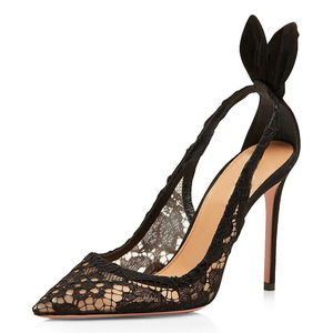 Sandales à talons hauts pour femmes, ornées de diamants, à bout pointu, en maille, avec nœud arrière, chaussures de mariage, escarpins à découpes latérales en dentelle, talon aiguille - Product Image 5