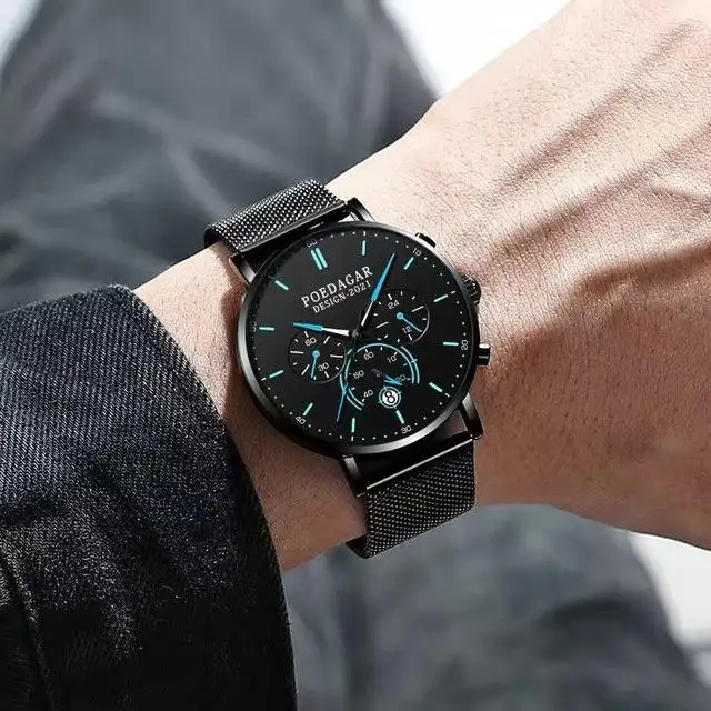 POEDAGAR 632 elegance black men quartz watch low cost steel Strap Waterproof date display Simple business wristwatch