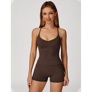 Two Piece Workout Set Women Criss <b>Cross</b> Tank <b>Top</b> Matching V Cut Shorts Gym Yoga Active Wear Outfits With Pocket - Product Image 2