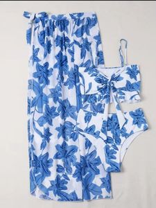 STOCK Custom Print Bandeau Top Bow Knots Front 3Pieces Swimsuit High Waist <strong>Bikini</strong> Beach <strong>Sarong</strong> - Product Image 4